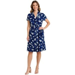 Liz Claiborne Faux Wrap Dress Blue and White Floral Knee Length V Neck Size M
